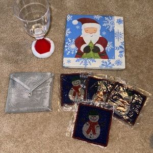 Christmas Coasters, Napkins & Santa Goblet. 7 Pieces